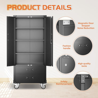 US Local Rolling Storage Cabinet With 2 Doors And 2 Drawers, Metal Storage Cabinet With Doors And Shelves, Locking Steel Cabinet For Warehouse, Home, Office Black