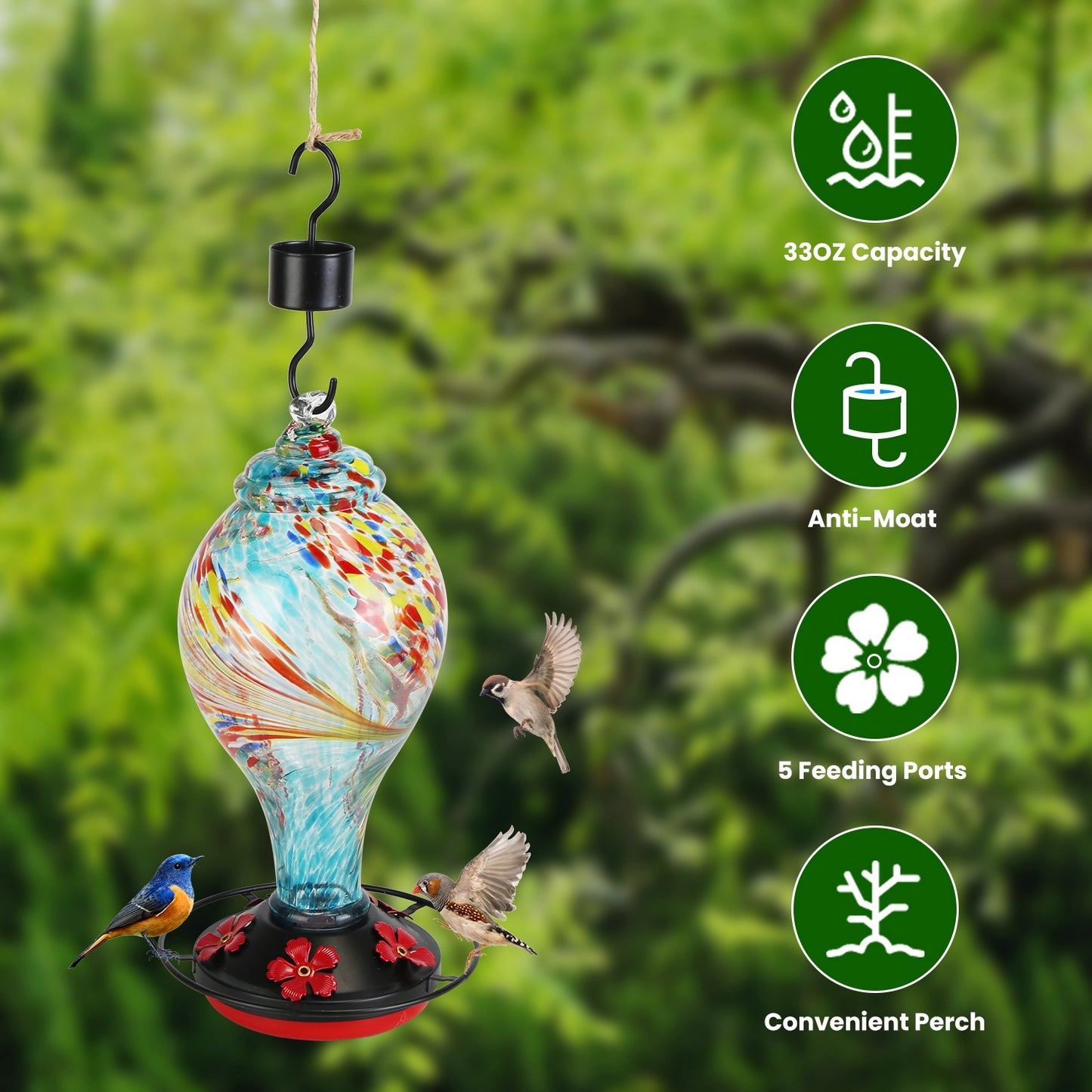 US Local 1Pc Glass Hummingbird Feeder 33OZ Hand Blown Hummingbird Feeder With 5 Flower Feeding Port Perch Ant Moat Hanging Hook S Hook Hemp Rope Cleaning Brush For Garden Decor