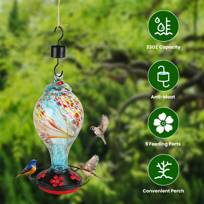 US Local 1Pc Glass Hummingbird Feeder 33OZ Hand Blown Hummingbird Feeder With 5 Flower Feeding Port Perch Ant Moat Hanging Hook S Hook Hemp Rope Cleaning Brush For Garden Decor
