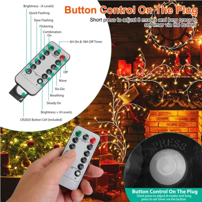 US Local Birch Flower Wreath With Light String And Timer, 8 Modes, IP45 Waterproof