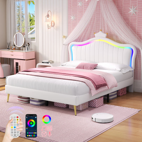UK Local 4ft6 Double Upholstered Bed With LED Adjustable Crown Shape Headboard, PU Leather Bed Frame With Solid Wood Slat, No Box Spring Needed, Easy Assembly, Cream White No Mattress