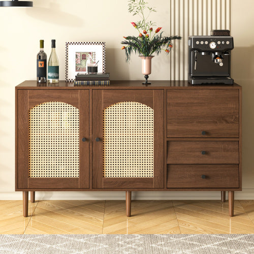 UK Local Country-Style Sideboard With Rattan Doors  130 X 75.5 X 40 Cm  Magnetic Closure, Adjustable Shelves, Sturdy Structure  Elegant And Versatile Design