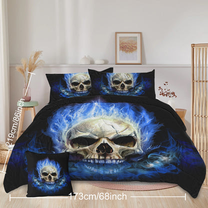 US Local 4 Piece Blue Fire Skull Comforter Set, 3D Skeleton Printed Bedding With 1 Comforter, 2 Shams, 1 Cushion Cover, Black Queen Size