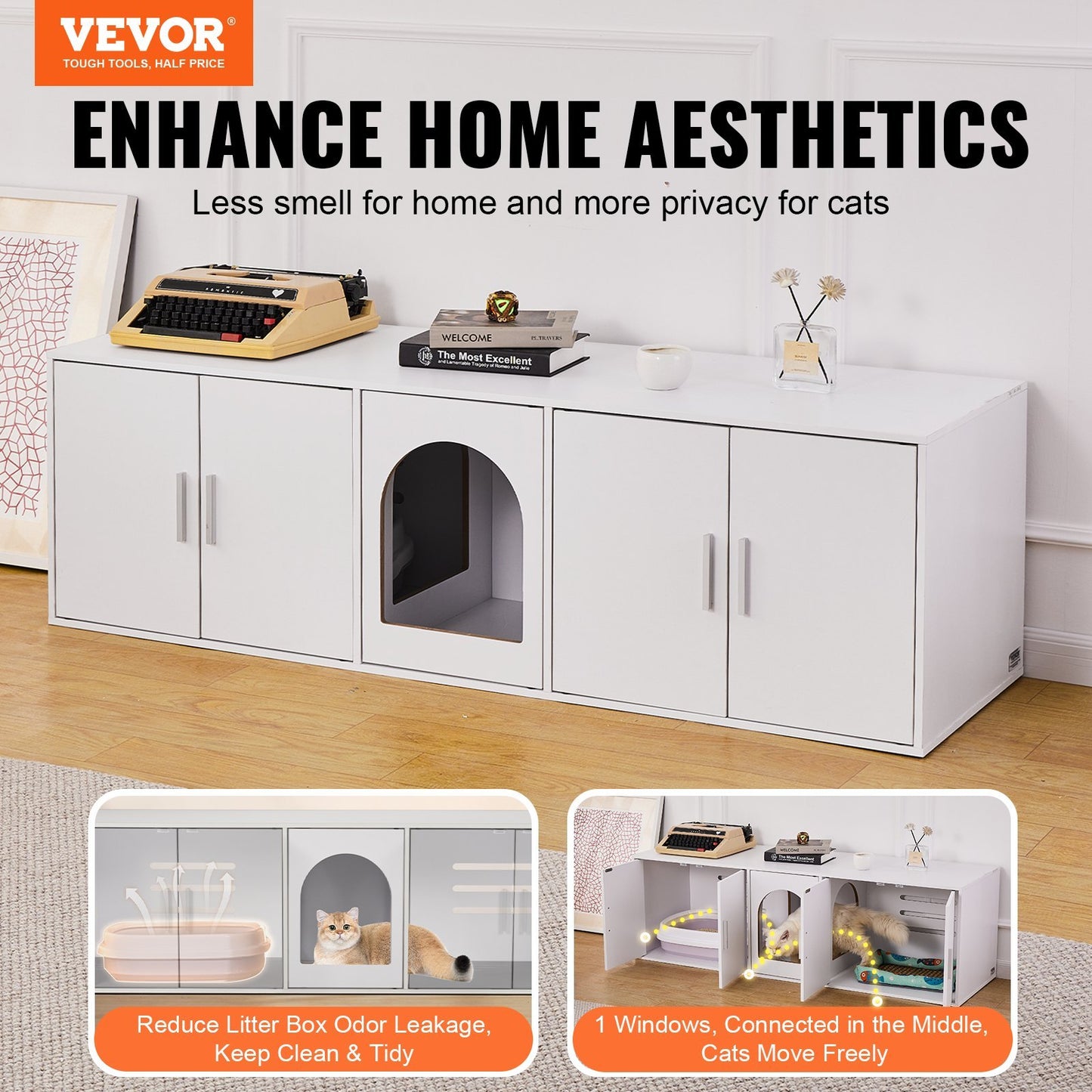 US Local VEVOR Cat Litter Box Enclosure Wooden Litter Box Furniture Hidden  White