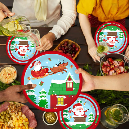 US Local Christmas Paper Plates And Cups Set Decorations For 10 Guests Santa Claus Elk Pattern Plates And Cups For Winter Holiday Christmas Party Decorations