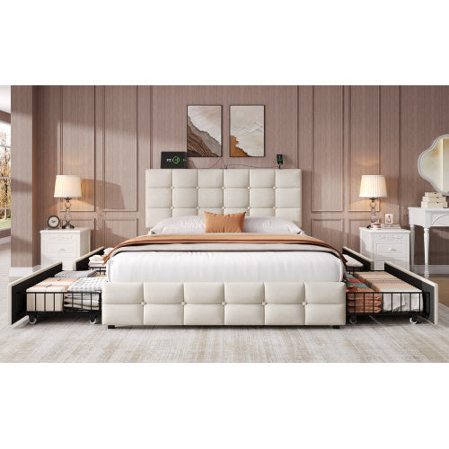 UK Local 4ft6 Double Upholstered Bed With 4 Storage Drawers, Velvet Bed Frame With Charging Station. Adjustable Button Tufted Headboard With USB And Type - C Ports, No Box Spring Needed, Grey No Mattress