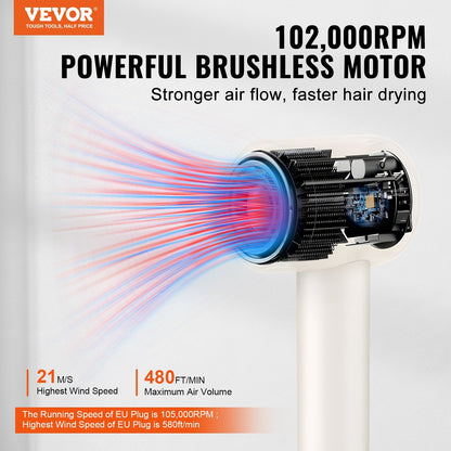 US Local VEVOR High-Speed Hair Dryer With 102,000RPM Brushless Motor, 200 Million Negative Ions Hair Blow Dryer, 3-Color Temp LED Lights & 2 Speeds, Lightweight Hairdryer With Diffuser & Nozzle For Home Travel