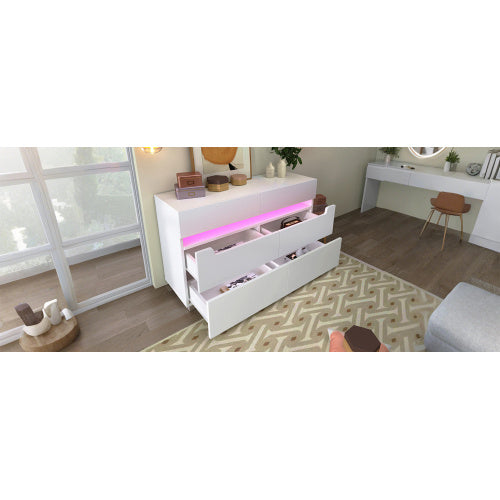 UK Local Sideboard Cabinet Dresser With 6 Drawers,Storage With RGB LED App Control, Sideboard With Cut-out Handles, 6-drawers Chest Of Drawers, 71 X 120 X 40 Cm, White
