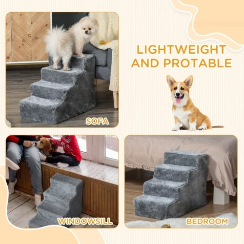 UK Local PawHut Four-Step Dog Stairs, With Washable Plush Cover, For High Bed Sofa, Dog Stairs For Small Dog And Cat - Light Grey