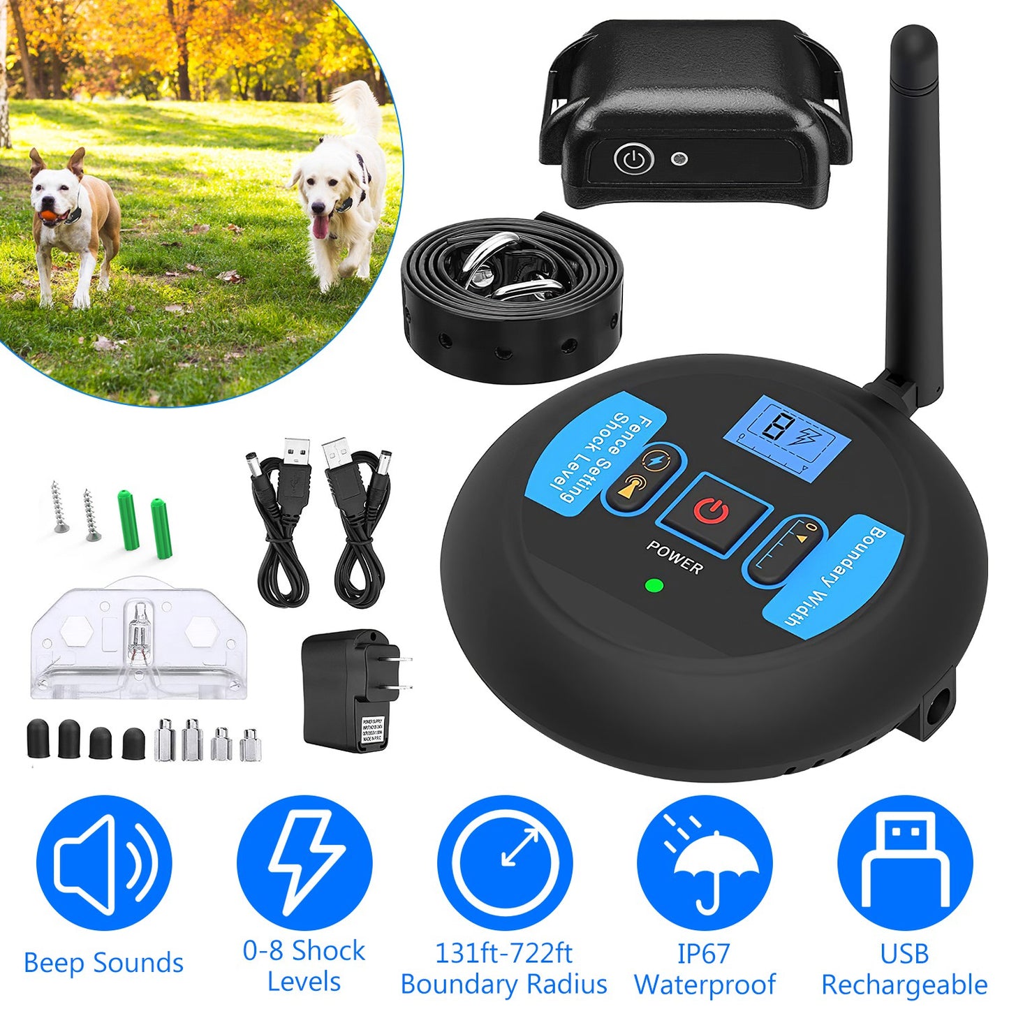 US Local 1Set Wireless Electric Dog Fence Pet Shock Boundary Containment System Electric Training Collar For Small Medium Large Dogs