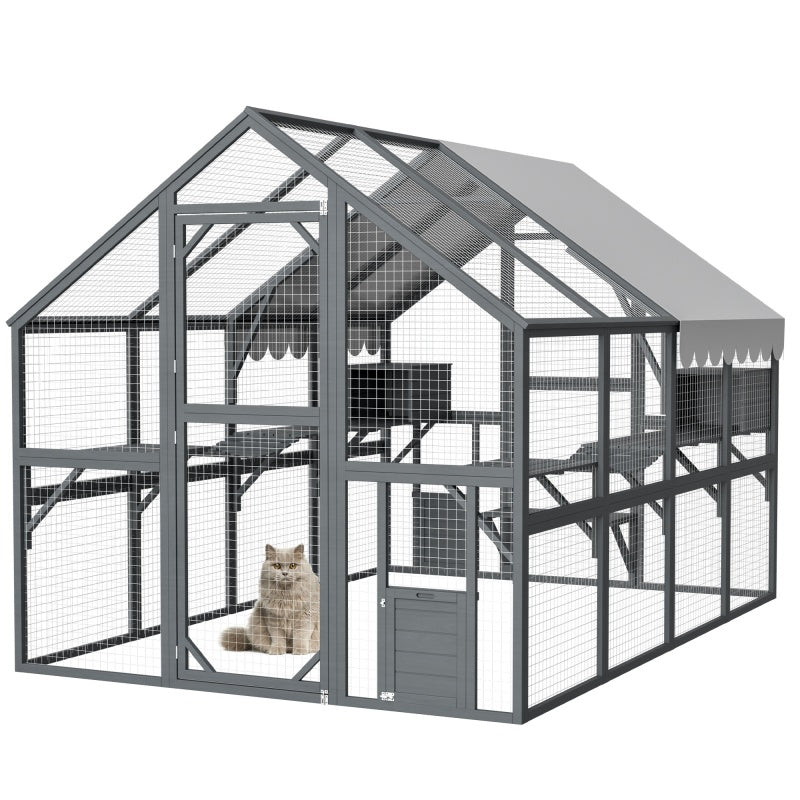 US Local Extra Spacious Catio Outdoor Cat Haven, 110 Inch Luxury Cattery With Weather-Resistant Roof, Cat Climbing Ramp, Space Pod Bed, 2 Lounging Huts