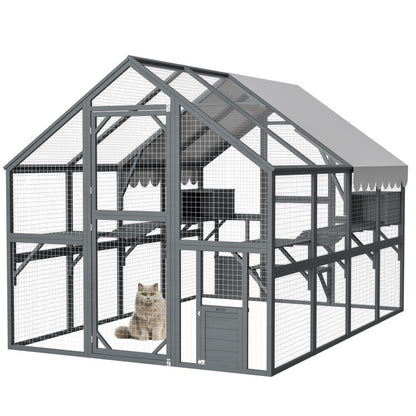 US Local Extra Spacious Catio Outdoor Cat Haven, 110 Inch Luxury Cattery With Weather-Resistant Roof, Cat Climbing Ramp, Space Pod Bed, 2 Lounging Huts