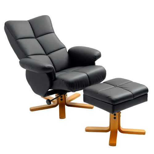 UK Local HOMCOM Recliner Armchair, Swivel Reclining Chair With Ottoman, Swivel Faux Leather Chair With Wooden Base And Storage Footstool For Living Room, Black