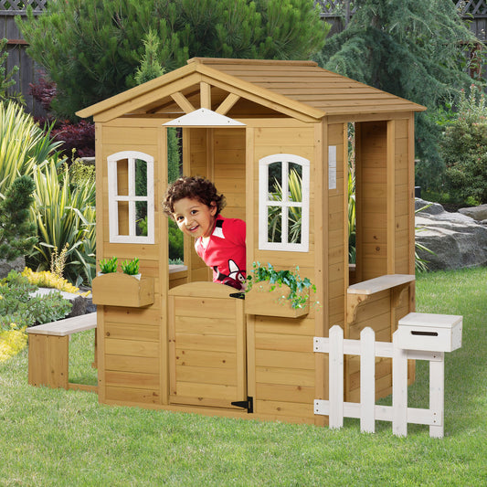 US Local Outdoor Playhouse for Kids Cottage with Working Doors Windows & Mailbox