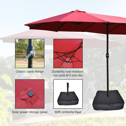 US Local 15x9ft Large Double-Sided Rectangular Outdoor Twin Patio Market Umbrella With Light And Base- Red