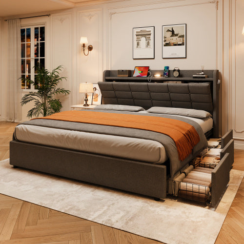 UK Local 5ft King Bed Frame With Hydraulic Storage, Linen Upholstered Bed With Concealed Headboard Storage And Drawers, Button Tufted Headboard With Charging Station And LED Night Light, Grey