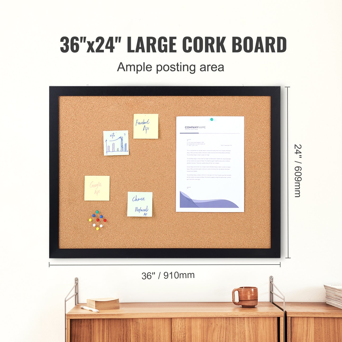 US Local VEVOR Cork Board, 36x24 Inches Bulletin Board With MDF Sticker Frame, Vision Board Includes 10 Pushpins, For Display And Decoration In Office Home And School