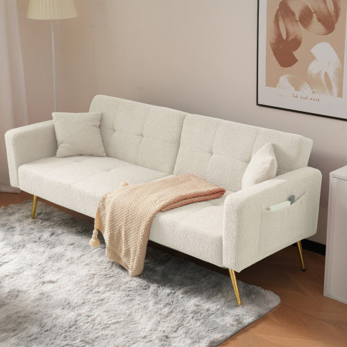 UK Local The Sofa Bed Has A Bed Function, Three Adjustable Backrest Angles, Gold Legs, Cushions And Side Storage Pockets.