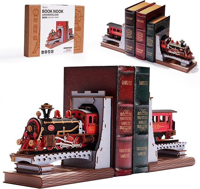 US Local ROBOTIME Book Nook Book Ends Kits Century Train DIY Booknook 3D Wooden Puzzle Model Kit Bookend Bookshelf Decoration Gifts For Adults Kids Teens