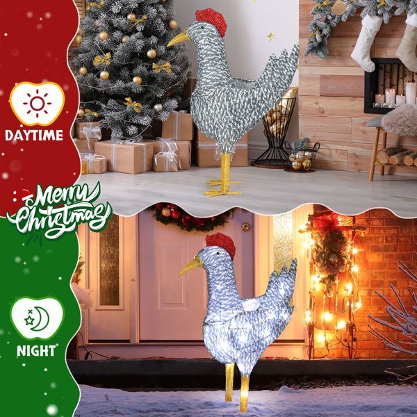 2FT Lighted Christmas Rooster Outdoor Decoration, Weather Proof Plush Rooster Christmas Ornament Home Decor Pre-lit 50 LED White Lights With Stakes