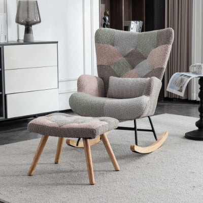 UK Local Rocking Chair, Fabric Relaxing Chair Wingback Accent Chair With Solid Wood Legs, Accent Armchair With Ottoman Single Sofa, Chair With Footstool And Pillow For Home Living Room Bedroom, Multicolour