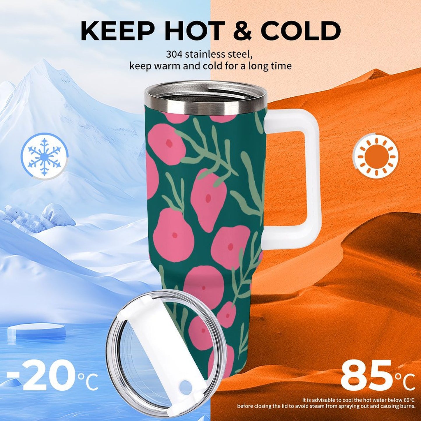 PHDT00424 POD US Local Tumbler 40 oz Large Capacity Car Cup Pink Green, Flowers, Leaves