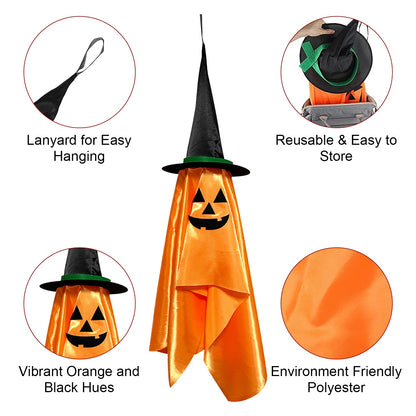 US Local 2 Pcs Hanging Ghosts With Wizard Hat Snicker Scary Face Halloween Party Hanging Decorations Pumpkin Wizard Hat For Eave Tree Porch