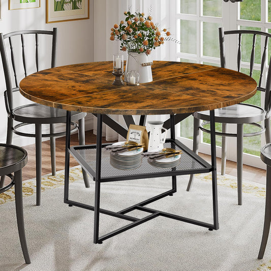 US Local 51 Round Dining Table For 4-6 Tiger Stripes-Black Wooden Dining Room Table With Storage Shelf Space Saving Circle Dinner Table With Metal Legs For Kitchen Living Room Dining Restaurant Furniture