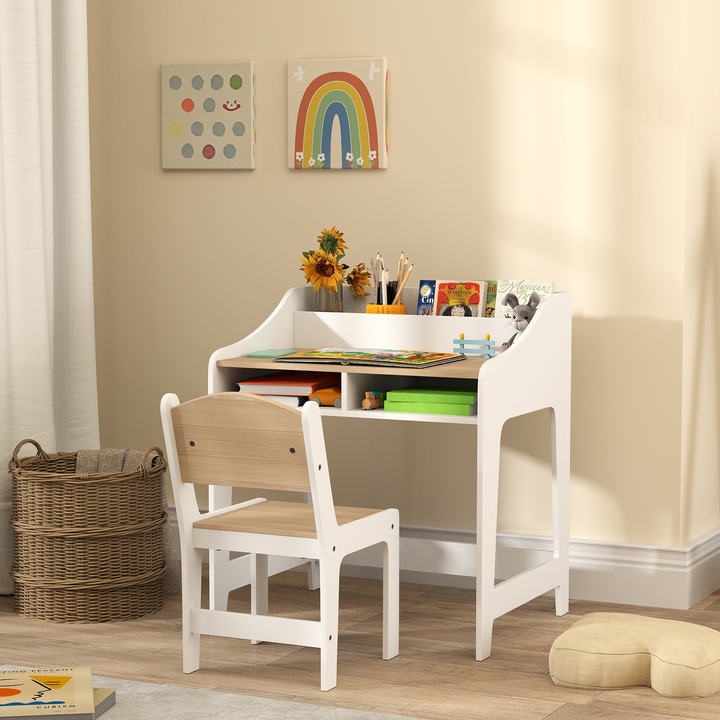 US Local Desk And Chair Set With Storage And Shelves, For Bedroom & Study Room, Gift For 3-8 Years Old, Natural Wood