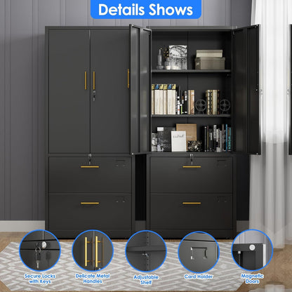 US Local 2 Drawer Lateral File Cabinet With Lock, Metal Filing Storage Cabinet With Locking Doors And 2 Adjustable Shelves For Home, Office, School, Fits A4 Letter Legal Size Folders, Assembly Required