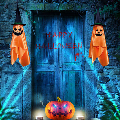 US Local 2 Pcs Hanging Ghosts With Wizard Hat Snicker Scary Face Halloween Party Hanging Decorations Pumpkin Wizard Hat For Eave Tree Porch