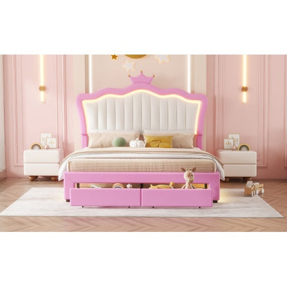 US Local Full Size Upholstered Bed Frame With LED Lights, Modern Upholstered Princess Bed With Crown Headboard, 2 Drawers