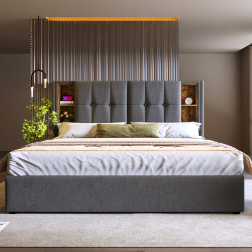 UK Local Upholstered Double Bed 150 X 200cm With Wireless Charging USB Tyep-C, Hydraulic Storage Bed With Hydraulic Lever, Linen Fabric 5FT King Size Bed Frame With Large Storage Space,Grey No Mattress