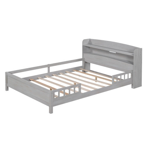 US Local Wood Full Size Platform Bed With Built-in LED Light, Storage Headboard And Guardrail, Antique Grey