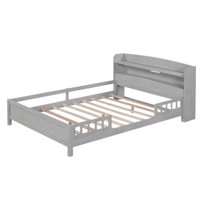 US Local Wood Full Size Platform Bed With Built-in LED Light, Storage Headboard And Guardrail, Antique Grey