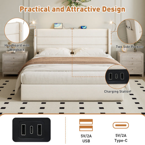 UK Local King Upholstered Bed With Charging Station, Linen Hydraulic Storage Bed With Adjustable LED Reading Light, 5ft Double Bed Frame With USB And Type  C Ports, No Box Spring Needed, Beige