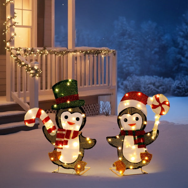 US Local Set Of 2 Lighted Penguin And Candy Cane Christmas Decorations, Pre-lit 2D Holiday Decor With 80 Warm White LED Lights For Xmas Outdoor Indoor Decor Lighted Holiday Displays