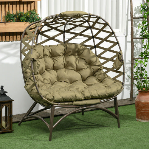 UK Local Outsunny 2 Seater Egg Chair Outdoor, Folding Weave Garden Furniture Chair With Cushion, Cup Pockets - Khaki