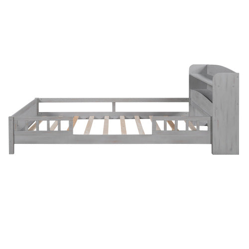 US Local Wood Full Size Platform Bed With Built-in LED Light, Storage Headboard And Guardrail, Antique Grey