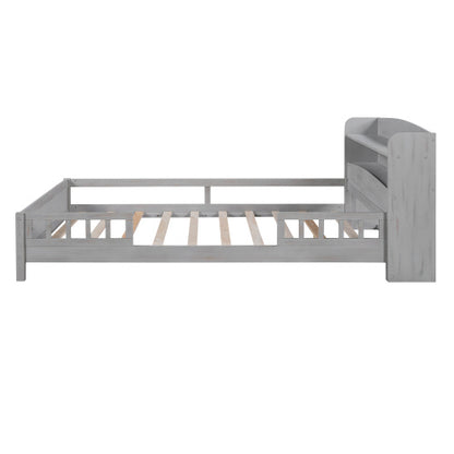 US Local Wood Full Size Platform Bed With Built-in LED Light, Storage Headboard And Guardrail, Antique Grey