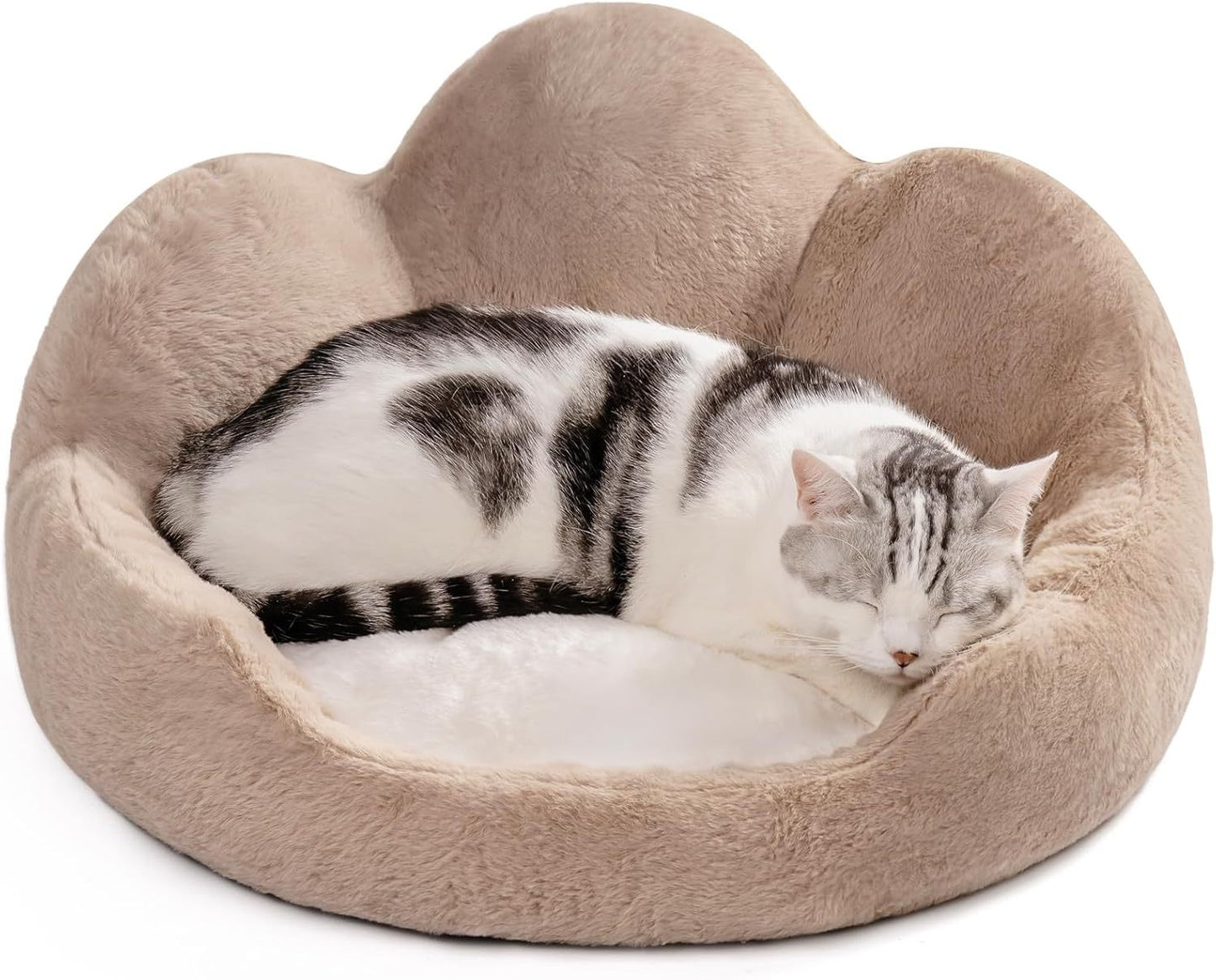 MEWOOFUN Round Cat Bed For Indoor Cats - Cozy Washable Fluffy Pet Couch With Anti-Slip Bottom, Small Dog & Puppy Bed For Kittens 23, Khaki