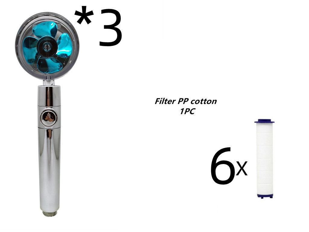 US Local Propeller Driven Shower Head With Stop Button And Cotton Filter Turbocharged High Pressure Handheld Shower Nozzle