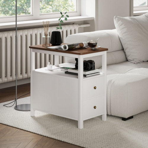 US Local HOMCOM Modern End Table With Charging Station And USB Ports, Narrow Side Table With Drawers & Shelf For Living Room, White