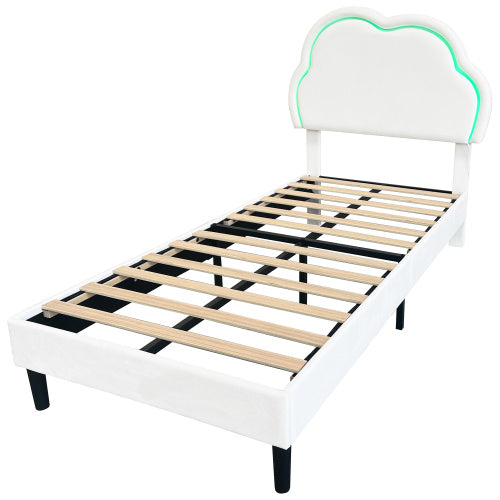 UK Local 3ft Single Upholstered Bed With LED Adjustable Cute Cloud Headboard, Soft Velvet Bed Frame With Solid Wood Slat, No Box Spring Needed, Easy Assembly, Cream White No Mattress
