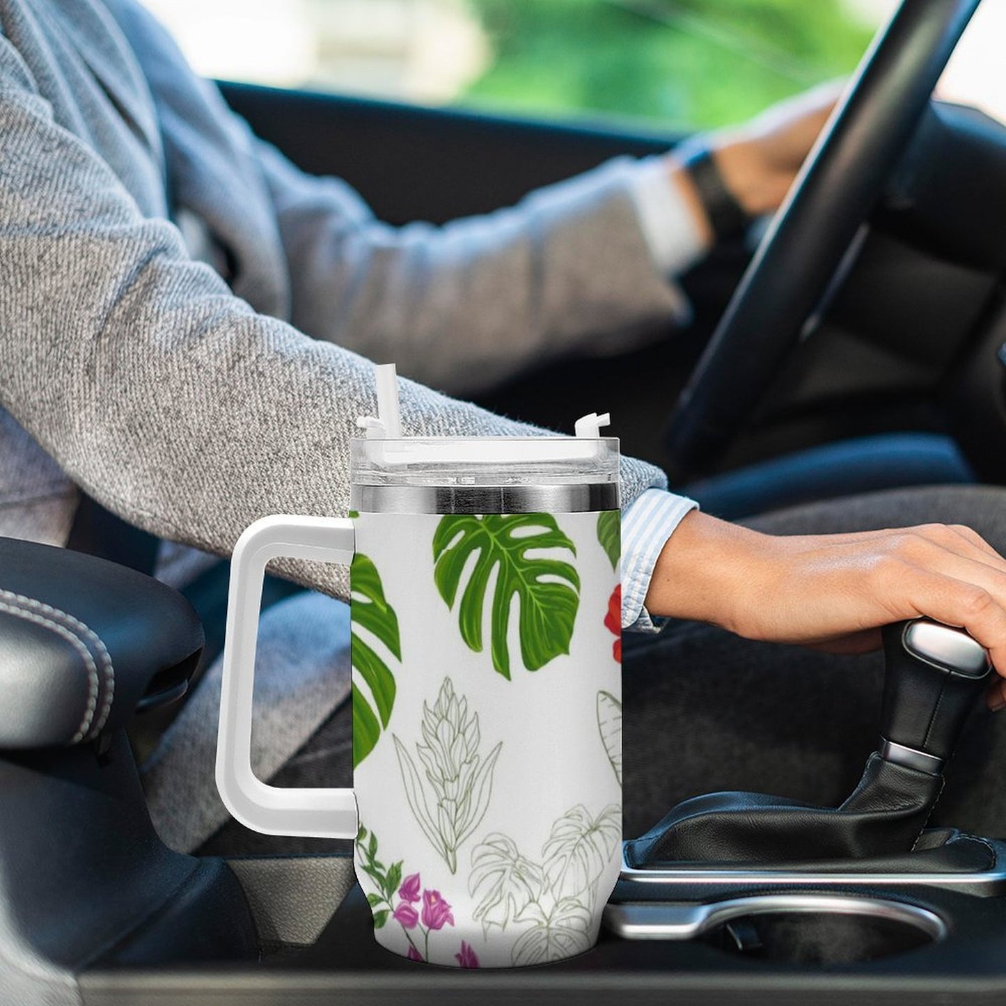 PHDT00219 POD US Local Tumbler 40oz Large Capacity Car Cup Tropical, Flower, Leaf