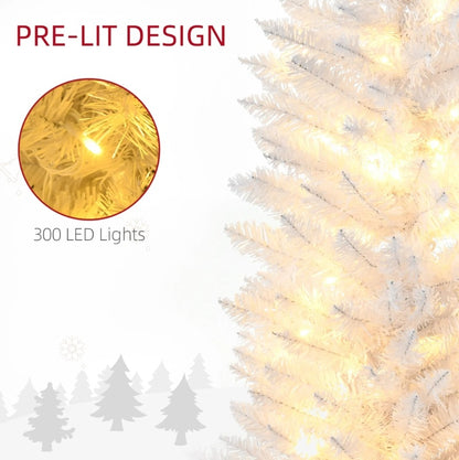 US Local HOMCOM 8' Tall Pre-Lit Slim Noble Fir Artificial Christmas Tree With 300 Warm White LED Lights And 618 Tips, For Christmas Decoration, White
