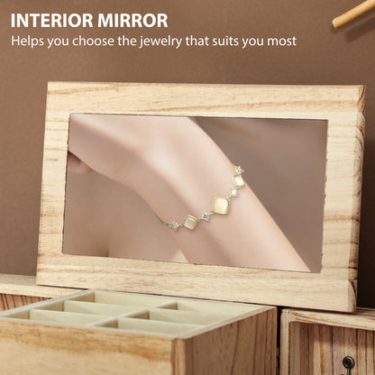 US Local 4-Tier Wooden Jewelry Box For Women, Jewelry Organizer With Mirror And 2 Drawers For Rings Earrings Necklaces, Brown