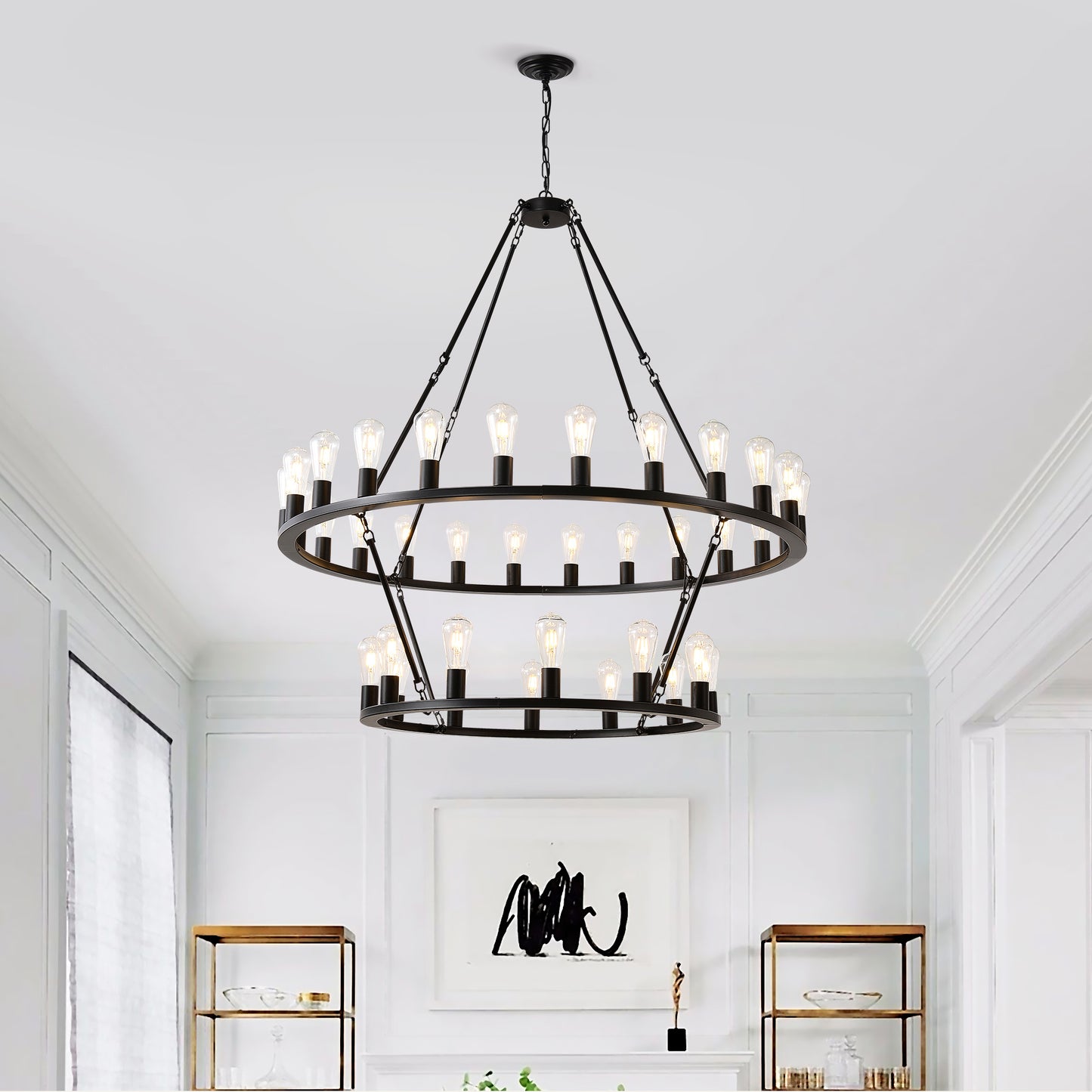 US Local 48 Inch Black Extra Large Wagon Wheel Chandelier, 2 Tier 36-Lights No Include Farmhouse Industrial Round High Ceiling Pendant Light Adjustable Chain, For Dining Room, Living Room,Kitchen