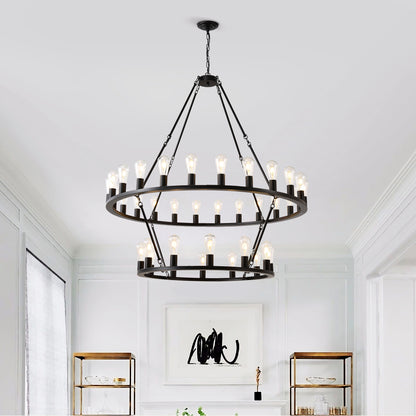 US Local 48 Inch Black Extra Large Wagon Wheel Chandelier, 2 Tier 36-Lights No Include Farmhouse Industrial Round High Ceiling Pendant Light Adjustable Chain, For Dining Room, Living Room,Kitchen