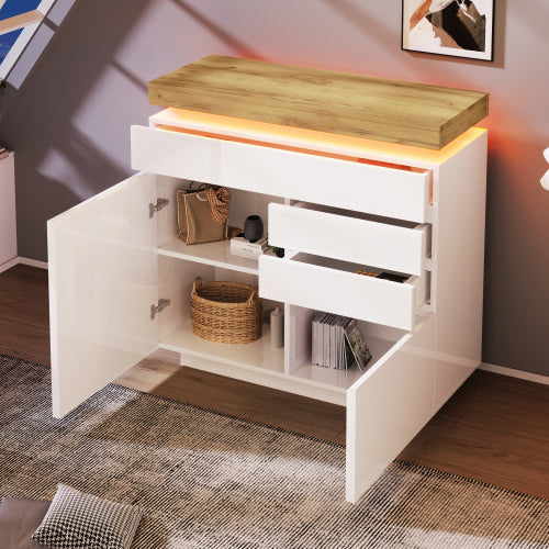 UK Local Chest Of Drawers,High-gloss Sideboard Cabinet With 2 Doors And 3 Drawers,Storage With RGB LED App-controlled,Multi-purpose Cabinet For Living Room And Bedroom, 115 X 110 X 39 Cm, White